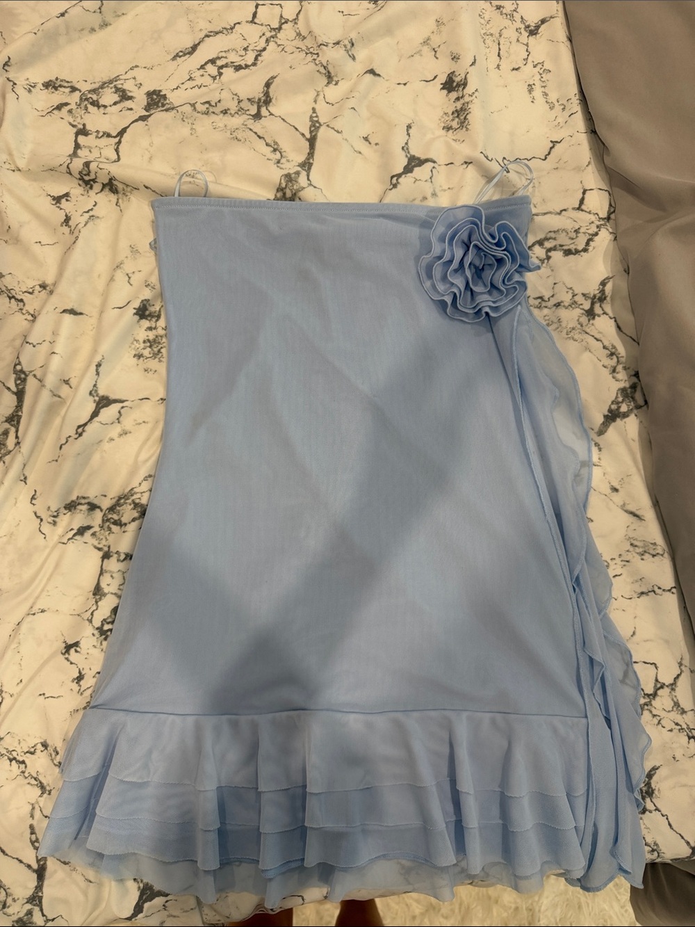 Edikted light blue mesh strapless dress with removable pin flower